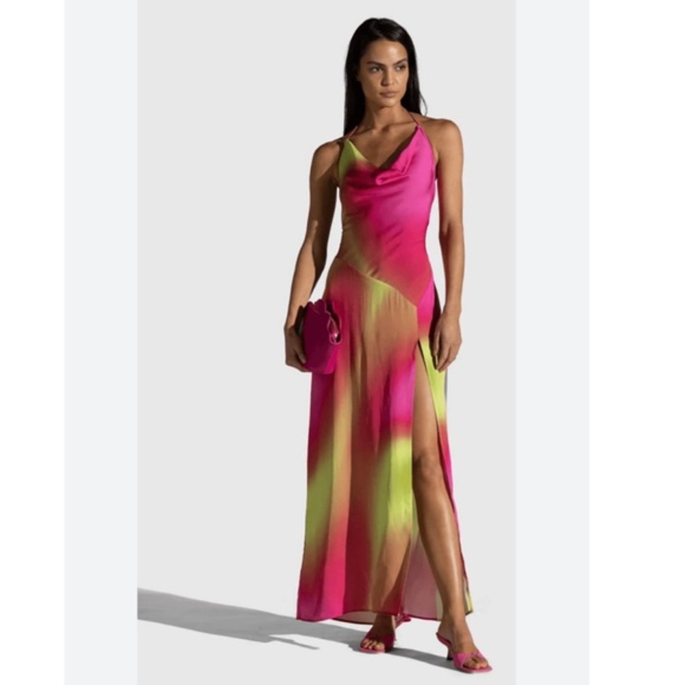 The Wolf Gang Dress Makena Maxi Slip Cowl Neck in Liquify Pink Green